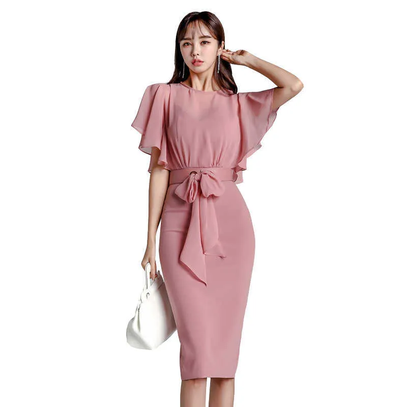 Корейские женские платья мода шифон ES женщина высокая талия BodyCon плюс размер сплит макси для элегантных 210531