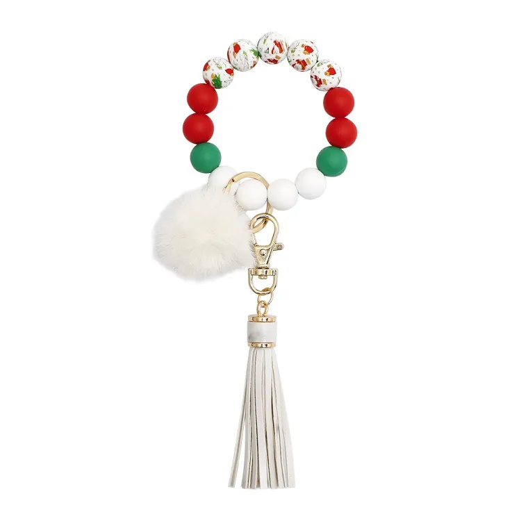 Christmas Bracelet Keychains With Tassel And Pomom Silicone Rubber