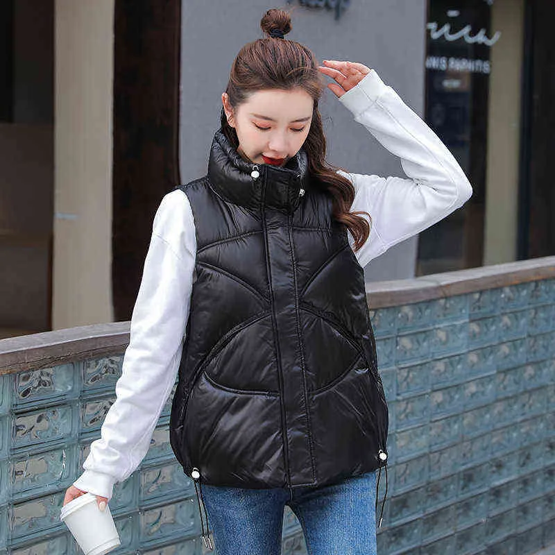 Shinny Winter Puffer Vestの女性の堅いターンダウンカラージッパーキルティングレディースノースリーブジャケット緩い韓国風のウエストコート211130