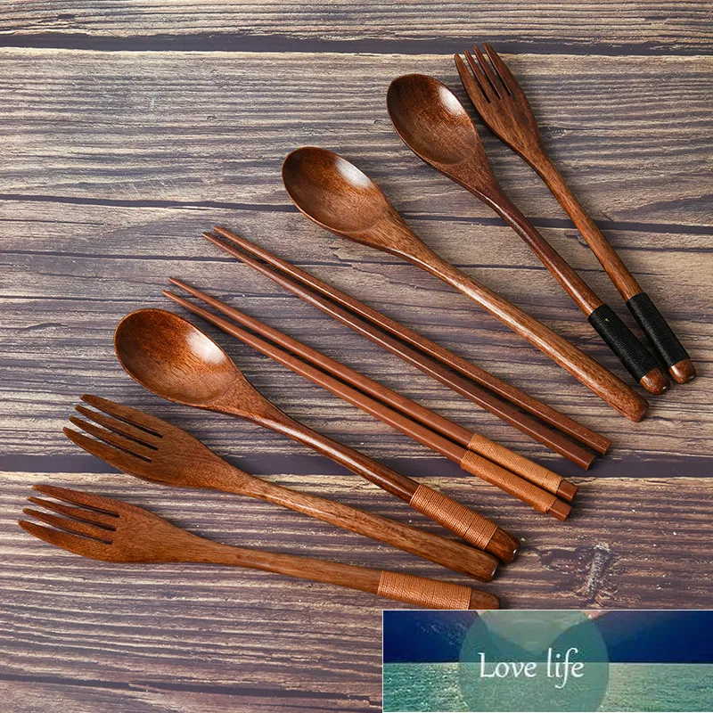 Vaisselle en bois naturel 3 pièces, cuillère à Long manche en bois massif, baguettes fourchette Portable faite à la main, antidérapante pour la maison