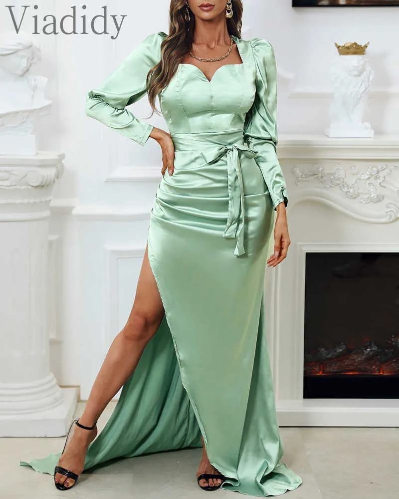 Kvinnor Elegant Långärmad V Neck Satin Oregelbunden Klänning Puff Sleeve Bowknot Ruched Maxi Party Dress Y0726