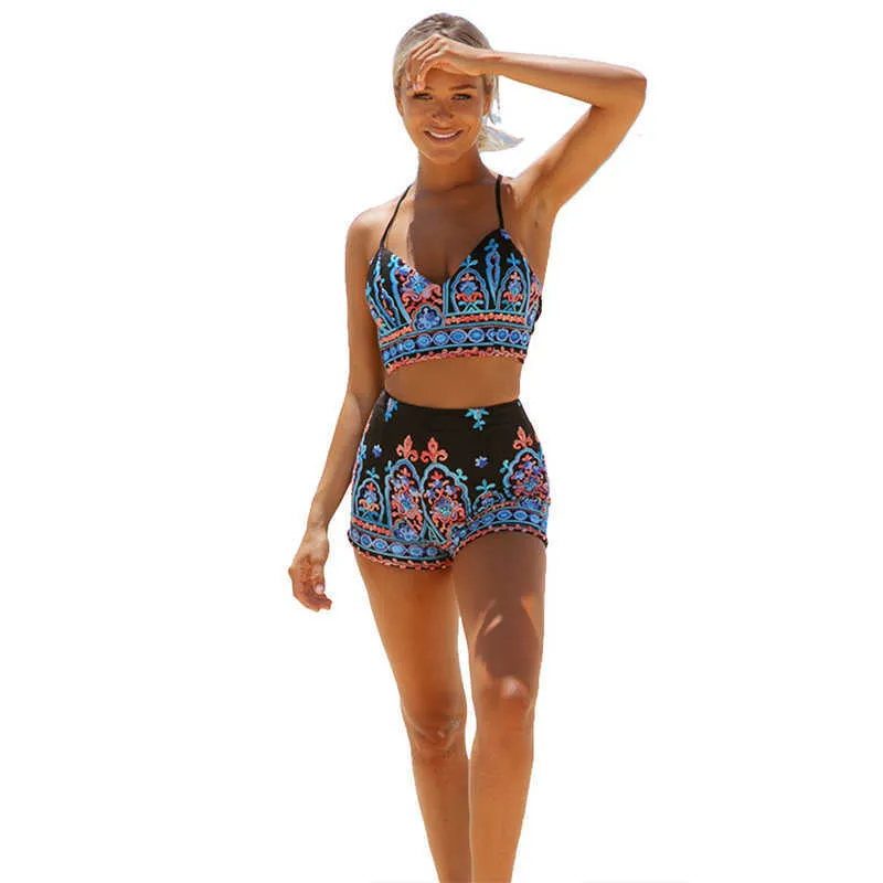 Crop Top Bikini Shorts Set Halter G String Pushup Striped Bikini Retro