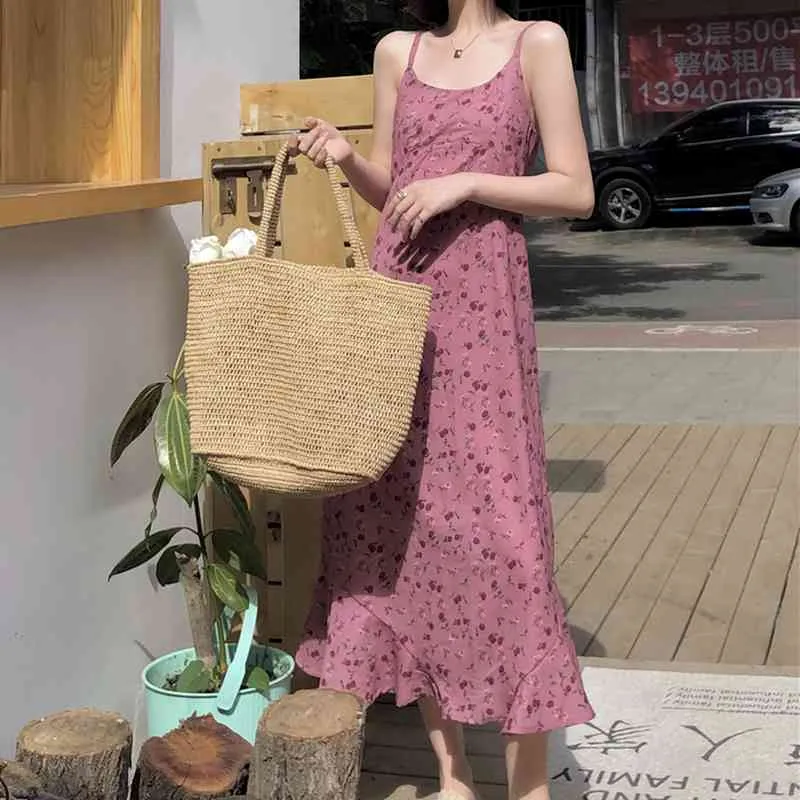 Vintage Baskı Uzun Kayma Elbise Chic Flounced Kenar Spagetti Kayışı Elbiseler Bahar Yaz Tatlı Plaj Tarzı Vestido Mujer 210514