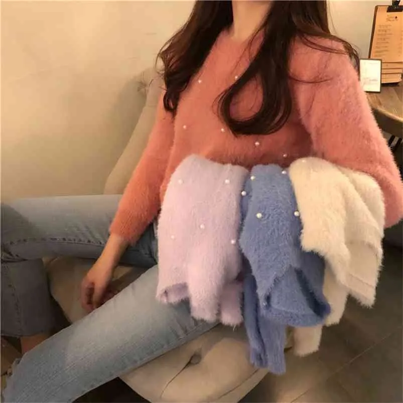 Autumn Winter Women's Sweater Korean Style Pure Color Beaded Long-sleeved Casual All-match Knitted Tops GX742 210507