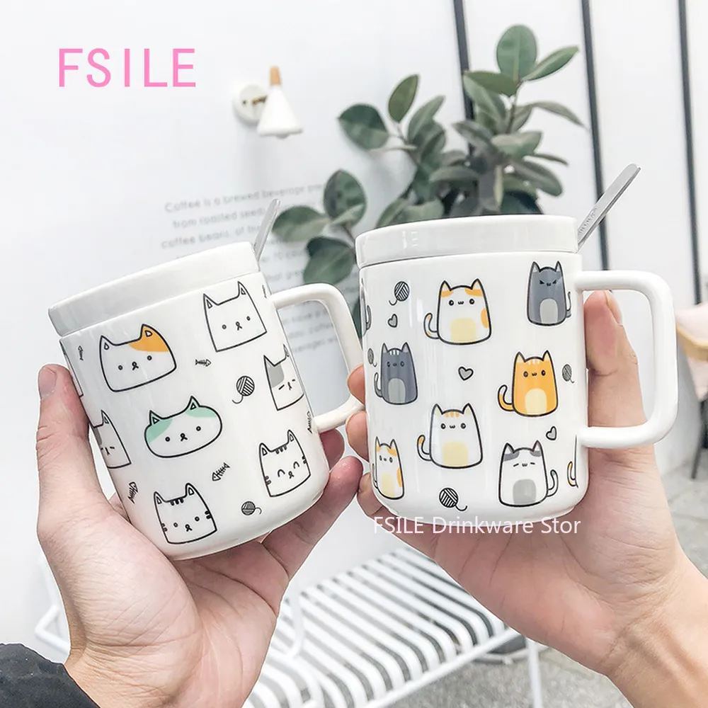 400ml Japanese Cute Cat Ceramic Coffee Mug with Lid Spoon Student Couple Business Office Drinking Cup