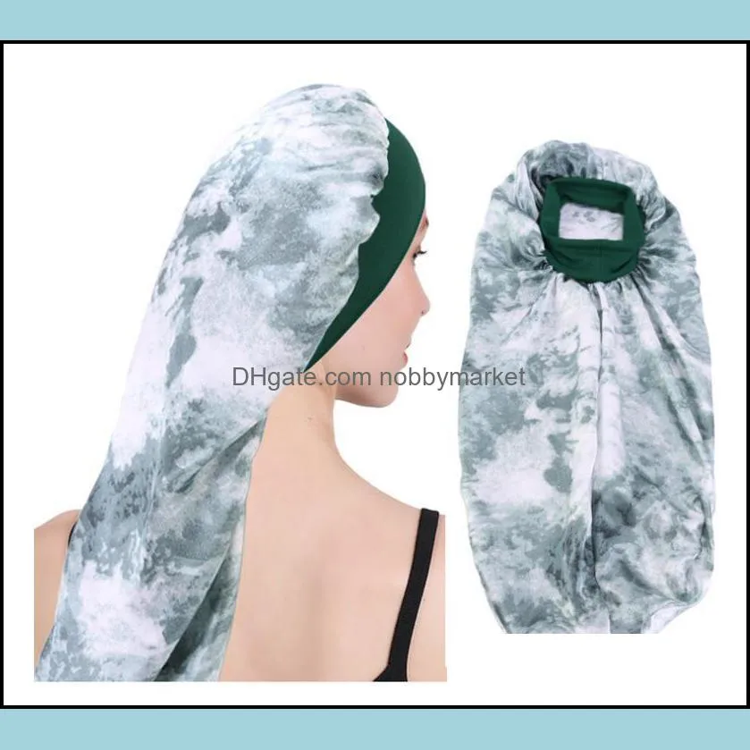 New imitate Satin Bonnet Sleep Cap Long Bonnet for Braids Fashion Women Tie Dyeing Silky Hair Loose Cap Wholesale C349