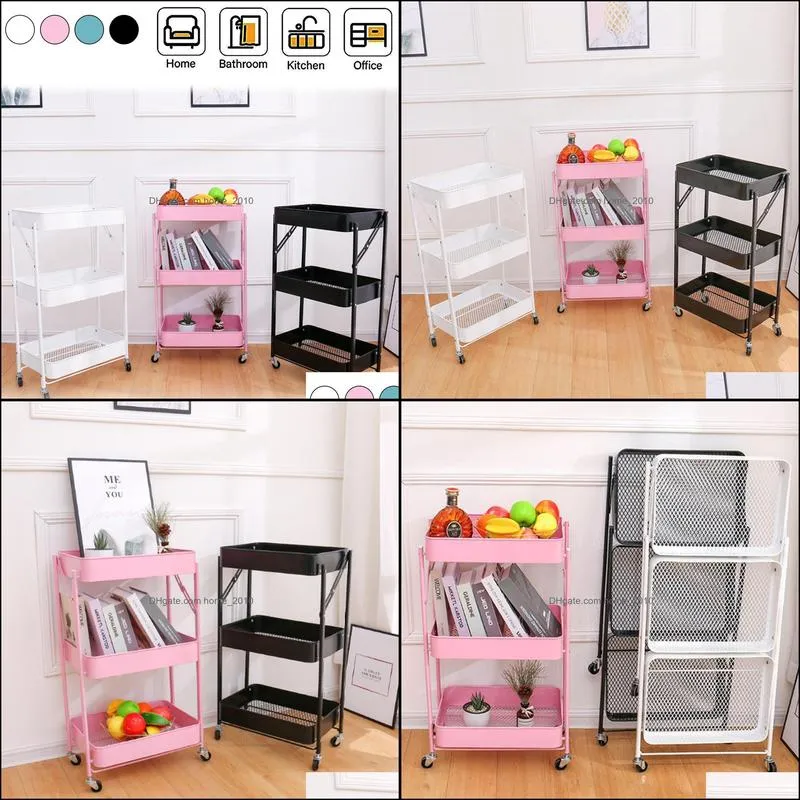 3-Tier Kitchen Rolling Utility Cart Folding Mobile Shelving Storage Cart Organizer Slide Out Pantry Tower Rack For Home Bedroom 210430