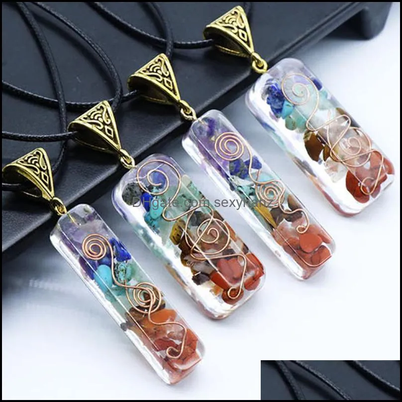  Chakra Pendant Orgone Reiki Healing Colorful Chip Natural Stone Energy Necklace Pendulum Amulet Orgonite Crystal Necklaces