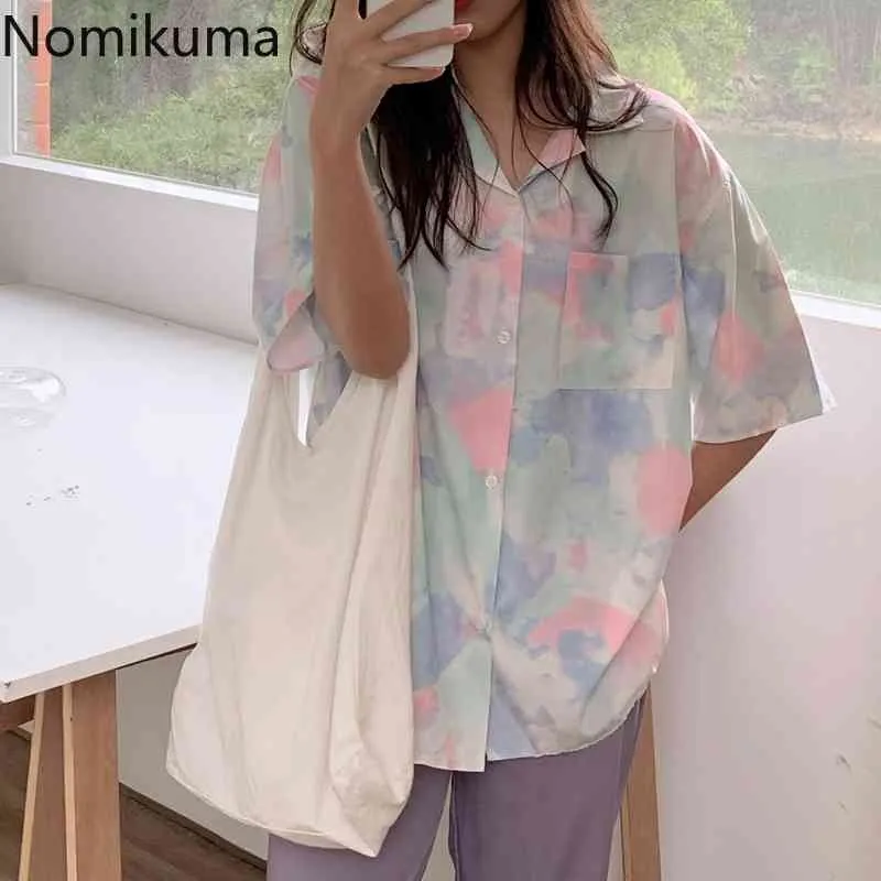 Nomikuma Camisas de manga corta de verano coreano Mujeres Color colorido Turn Down Collar Blusa de un solo pecho Moda Blusas Mujer 210514