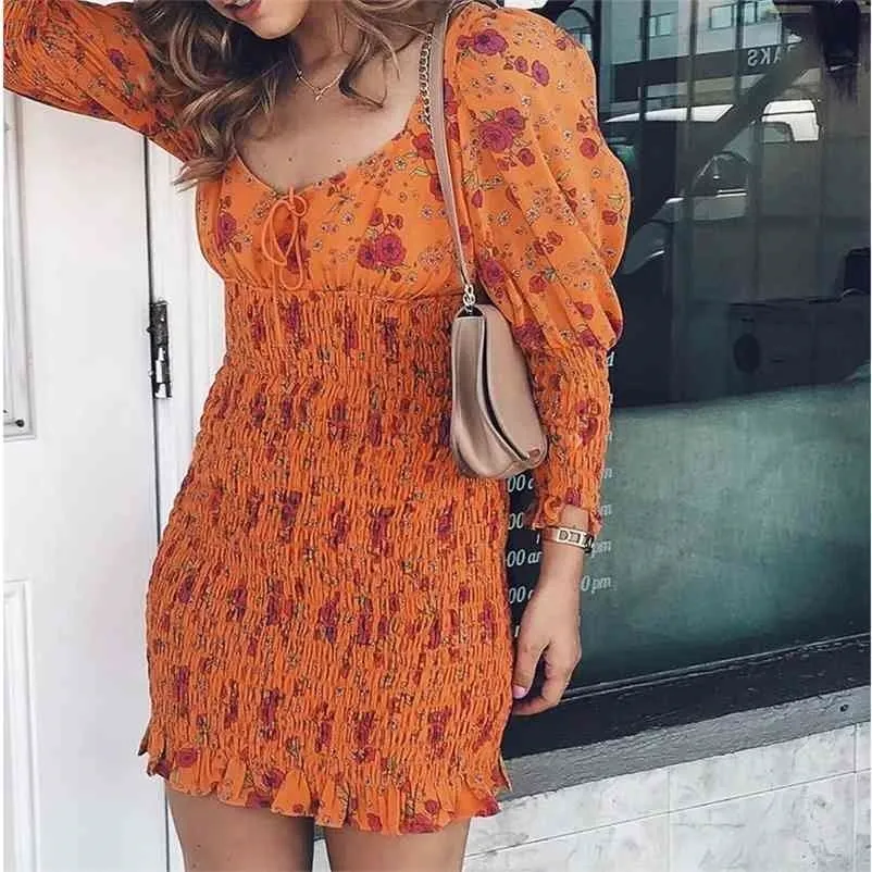 Foridol Sexig Backless Vintage Boho Höst Klänning Kvinnor Blomma Tryck Bodycon Beach Mini Dress Ruffle Floral Orange Dress 210415