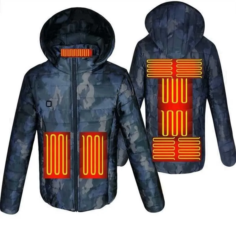 Men Camouflage Heated Winter Warm Jackets USB Heating Padded Smart Thermostat Color Hooded Clothing 220105