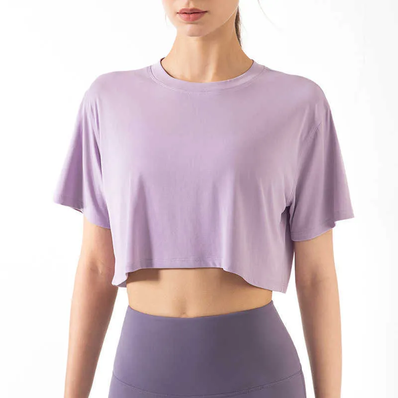 L-031 couleur unie femmes T-shirt à manches courtes décontracté mode Yoga haut de sport exercice de course doux coupe ample vêtements de sport entraînement chemises athlétiques