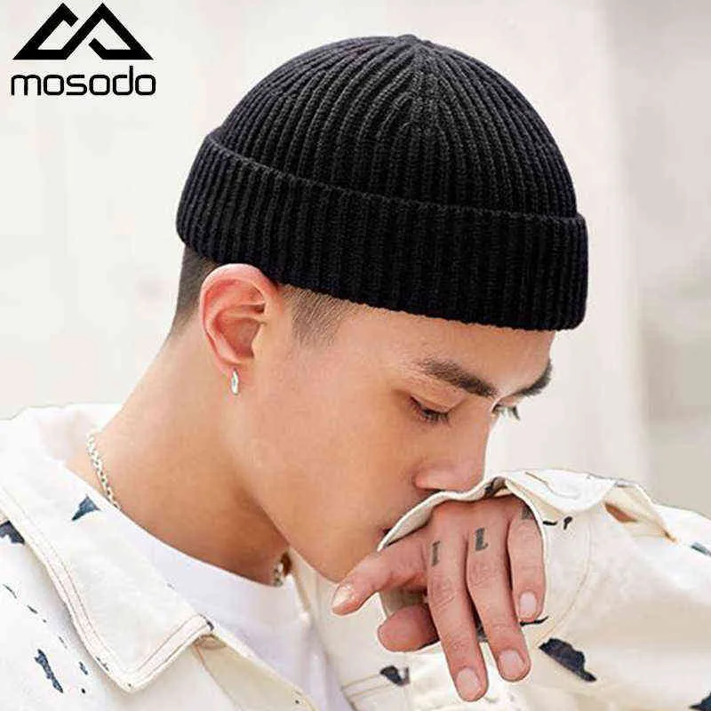 Mosodo Skully Rib Knit Beanie Melon Skin Hat Winter Out Warm Knitted Hat Femmes Solid Color Hip Hop Cap Men Streetwear 2021 New Y21111