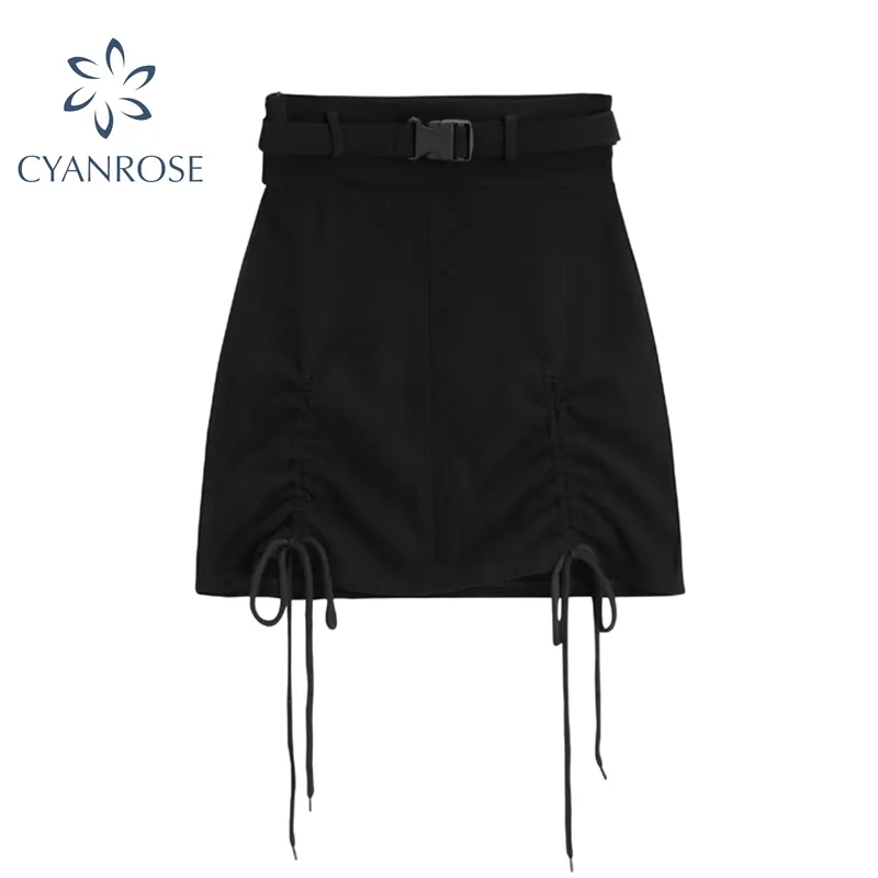 Gothic Punk Crop Skirt Kvinnor med Bälte Svart Slim Drawstring Sexig Mini Kläder Party Club Night High Street Fashion Kvinna 210417