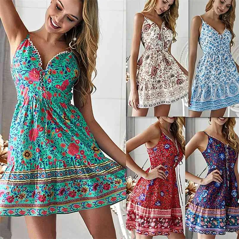 Boho Beach Dress Summer Bez Rękawów Wieczór Party Kobiety Kwiatowy Drukuj Spaghetti Paski V Neck Casual Krótkie Vestidos 210517