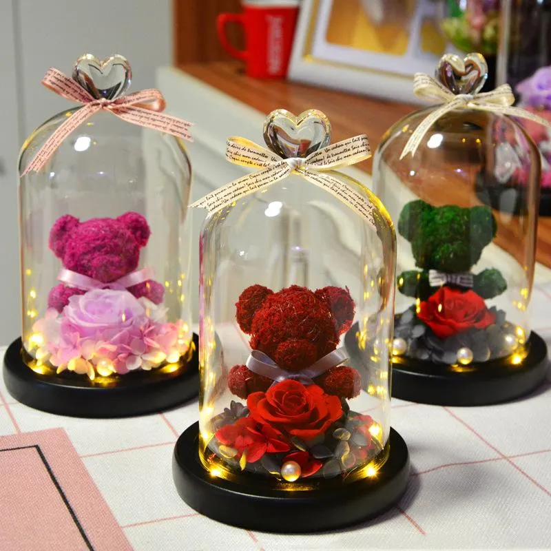 Dekorativa Blommor Kransar Eternal Konserverad Rose Härlig Teddy Bear In Heart Glass Dome Med LED Light Wedding Home Decor Mors dag GIF