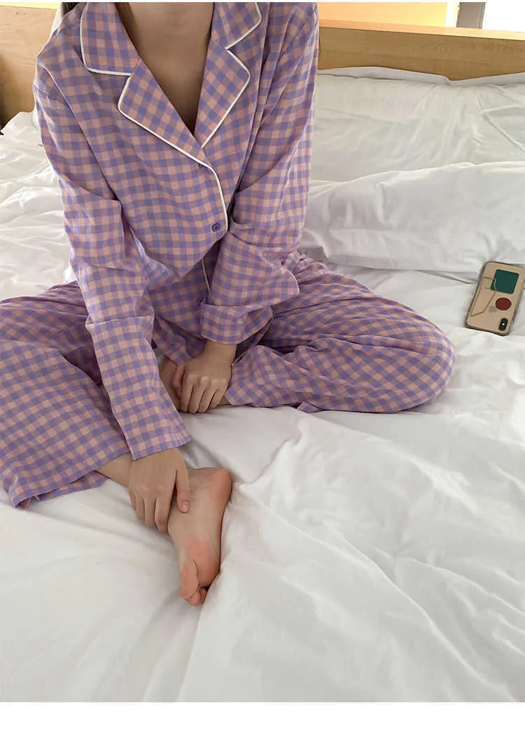 CAIYIER Korean Purple Grid Girls Pajamas Set Cute Winter Long Sleeve