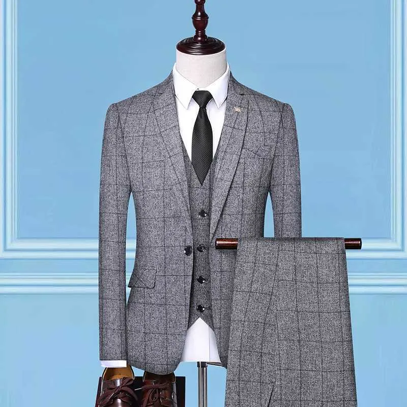 2021 new men's suits, slim business checkered suits, banquet wedding suits, three pieces X0909