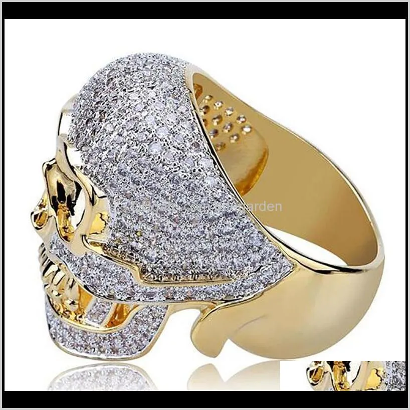 Solitaire Hommes 18K Plaqué Jaune Crâne Personnalisé Or Cz Bling Bague Diamants Simulés Micro Pave Ensemble Pierres Hip Hop Anneaux Ysorx302y