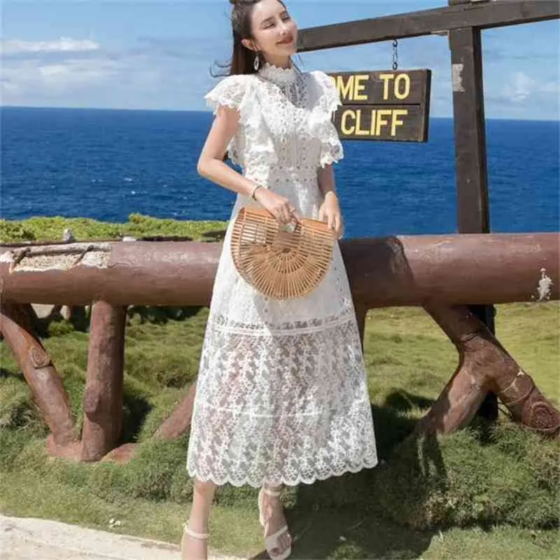 White lace vintage Long dress woman stand neck short sleeve hollow out elegant party Maxi spring summer sexy vestido 210519