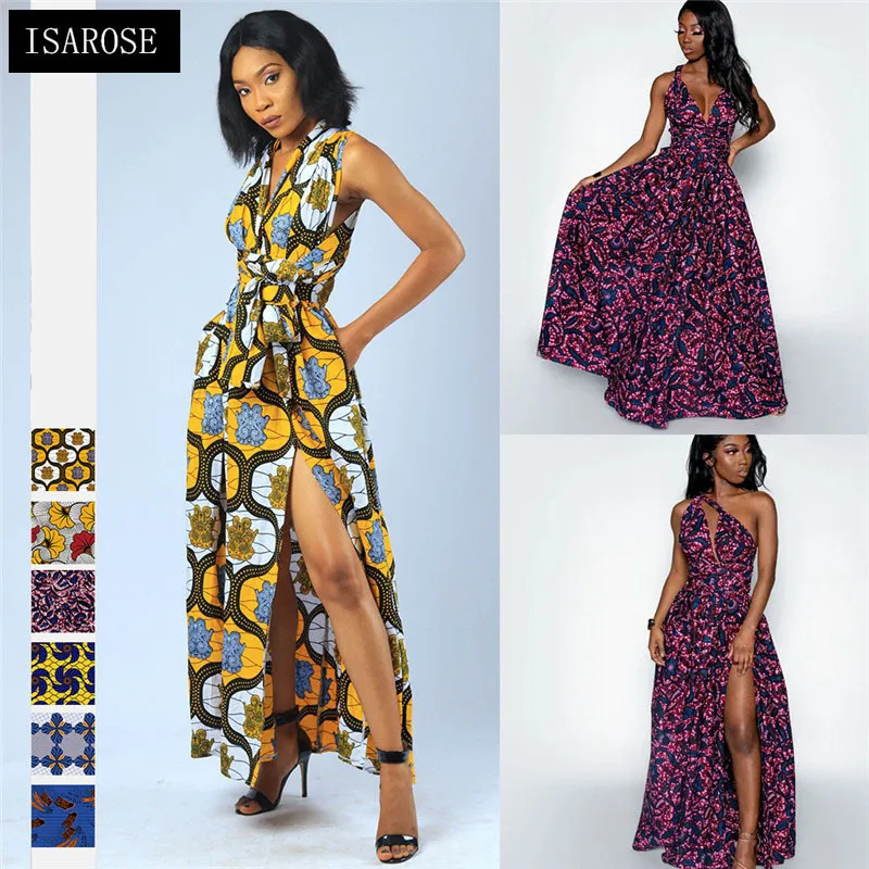Isarose Femmes Dos Nu Maxi Robe Style Africain Impression Numérique Sans Manches O Cou Une Ligne Graduation Gathering Party Robes Longues 210422