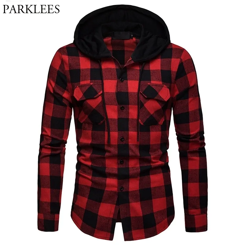 Mode Röd Svart Plaid Hoodie Skjorta Män Slim Fit Långärmad Mens Hooded Shirts Hipster Buffalo Plaid Shirt med dubbla fickor 210522