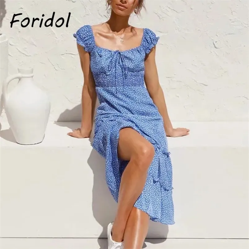 Abito lungo estivo blu con stampa a forma di goccia Abito da donna casual Boho Maxi A-line Australia Vestito estivo con volant 210427