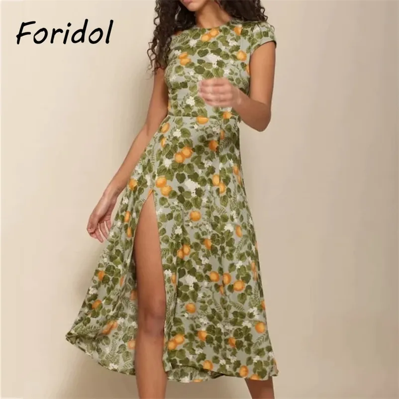 Foridol Sexy Backless Fruit Print Green Sukienka Kobiety Bez Rękawów Summer Summer Beach Slit Długa Sukienka Boho Odzież Casual Wakacje Dress 210415