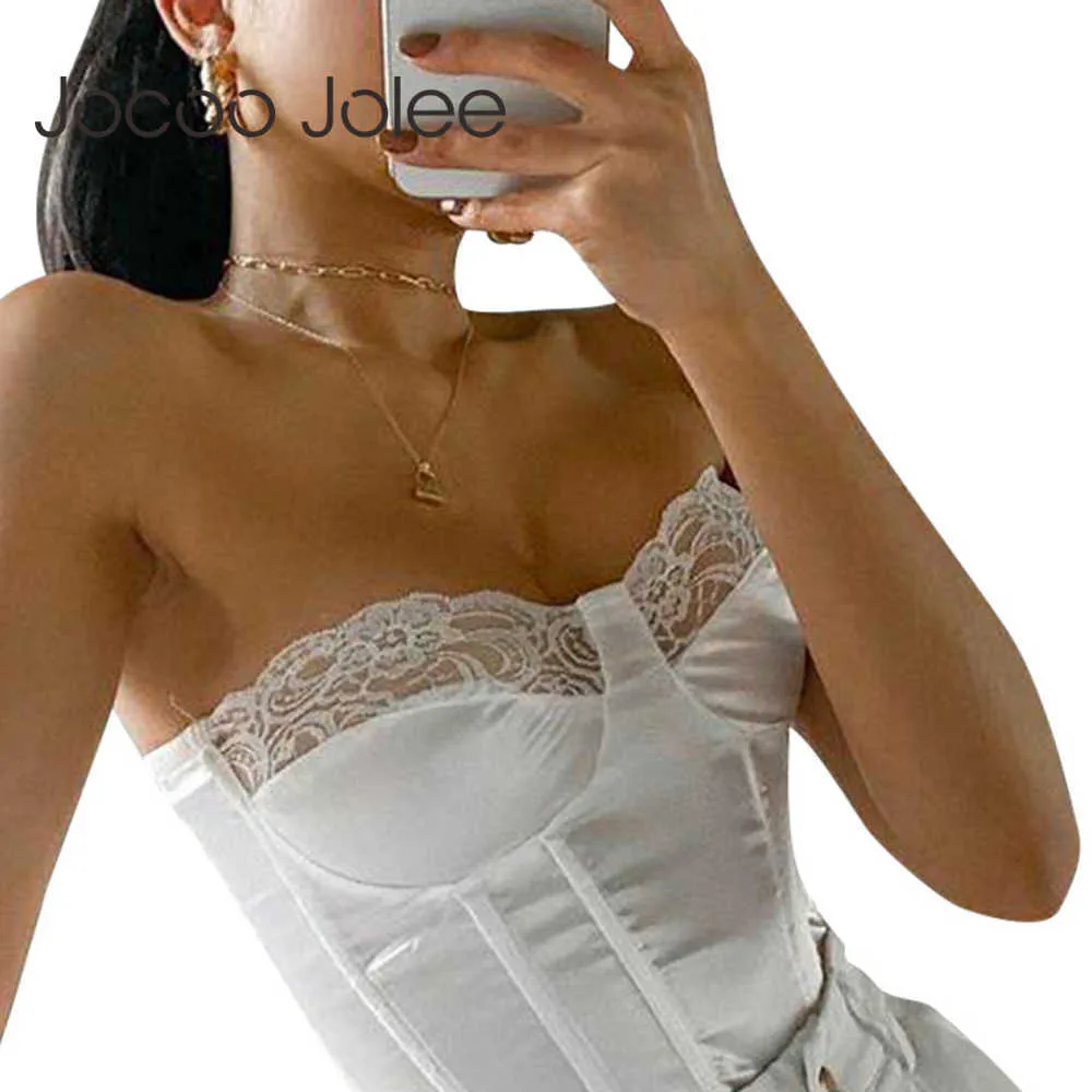 Jocoo Jolee Sexy Women Lace Patchwork Strapless Slim Tanks Elegant Slashes Neck Sleeveless Crop Tops Summer Chic Tunic 210619