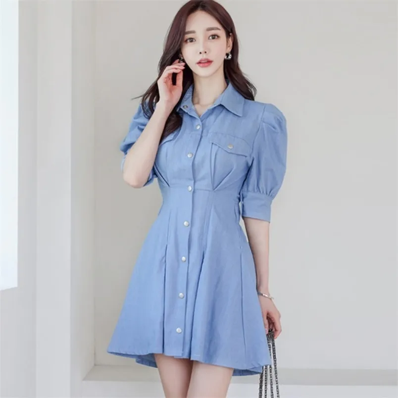 Korea zomer mode denim shirt jurk vrouwen elegante revers bladerdeeg mouw casual slanke mini vrouw 210519