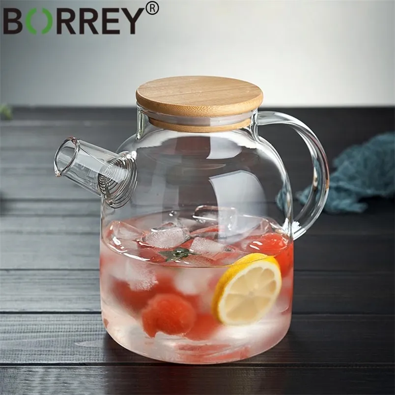 BORREY Big Heat-Resistant Glass Teapot Flower Tea Kettle Large Clear Fruit Juice Container Ceramic Holder Base 210813