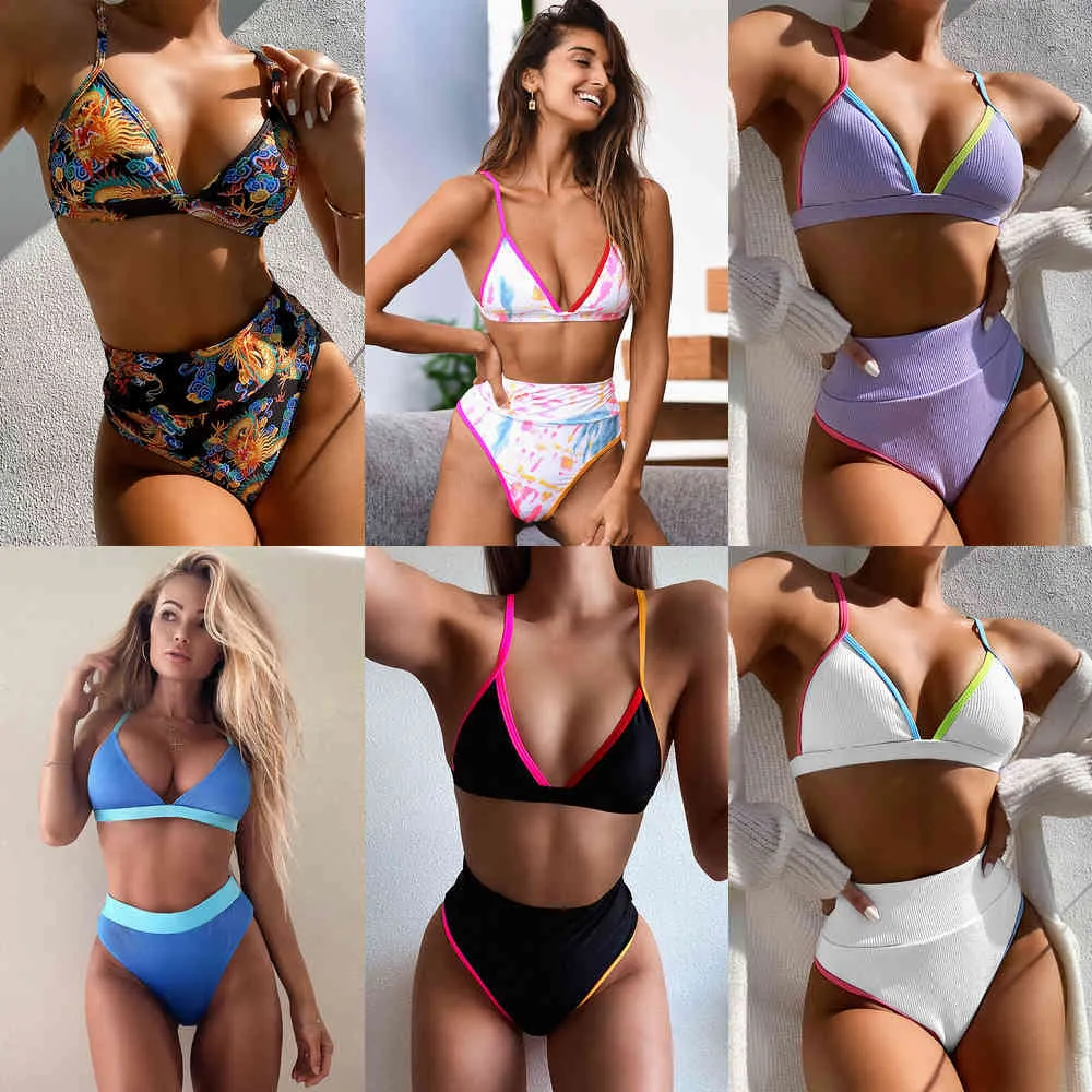 2021 High Waist Patchwork Bikini Set V-Neck Swimwear Push Up Swimsuit Female Print Bathing Suits Summer Beach Wear Swimming SuitX0523