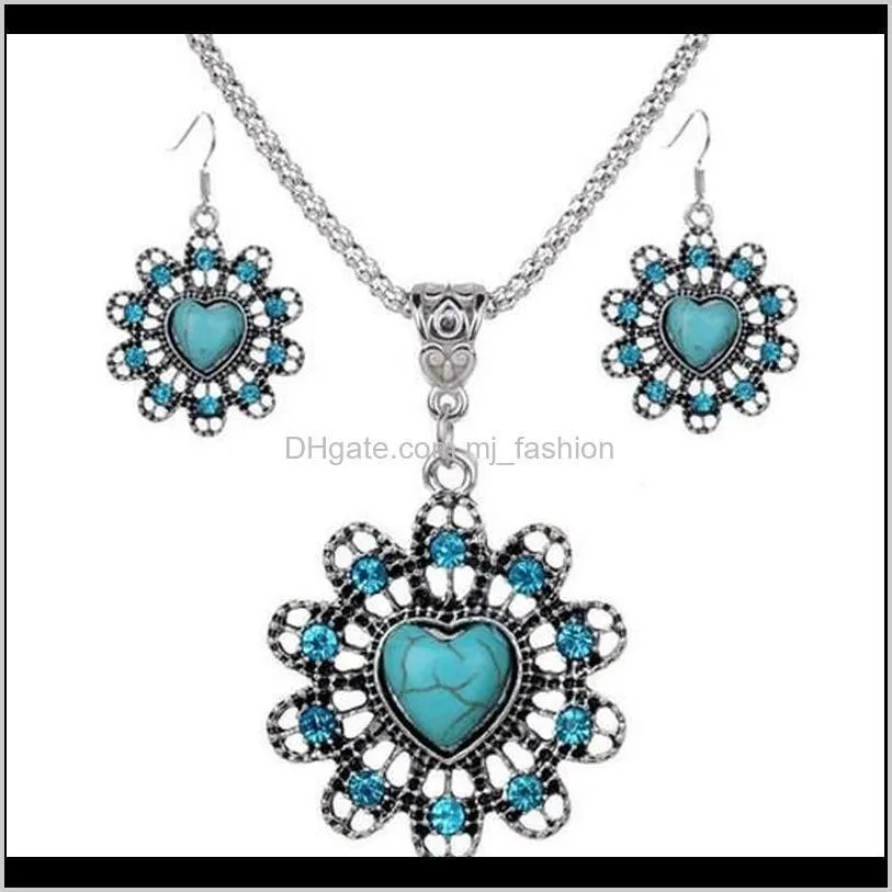 jewelry sets necklace earrings fashion women vintage ethnic imitation turquoise rhinestone 2-piece set party jewelry wholesale