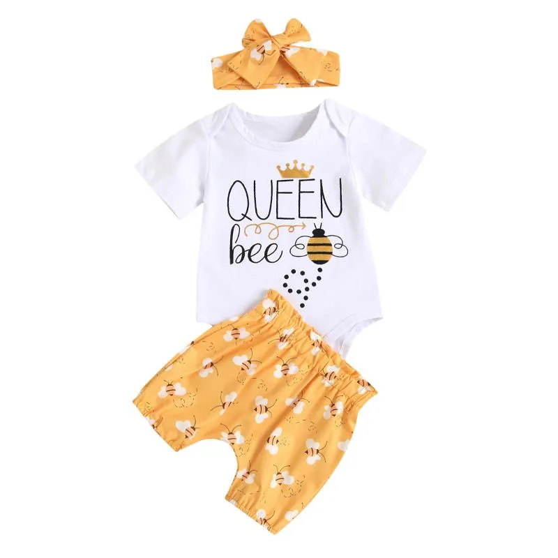 Kleding Sets Baby Meisjes Kleding Set Brief Print Korte Mouw O-hals Romper Bee / Dot Shorts Bow-Knot Hoofdband Kinderzomer