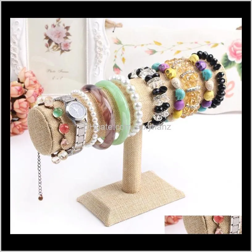 top grade burlap wooden bracelet watch jewelry display stand holder linen bangle headband holder single-layer