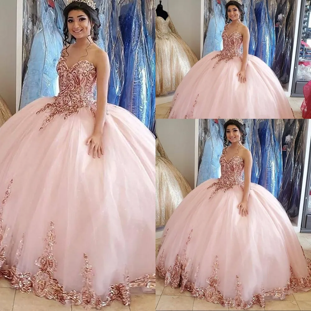 2021 Sexy Rose Goud Roze Lovertjes Elegente Quinceanera Jurken Baljurk Sweetheart Mouwloos Plus Size Sequen Kant Formele Partij Prom Avondjurken Vloerlengte