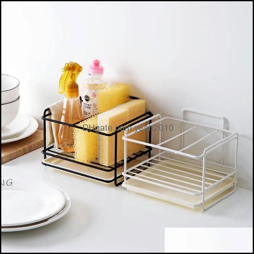 Kitchen Storage & Organization Iron Sponge Holder Draining Racks Stand Rack Sink Brush Cleaning Rag Shelf With Tray Accessories