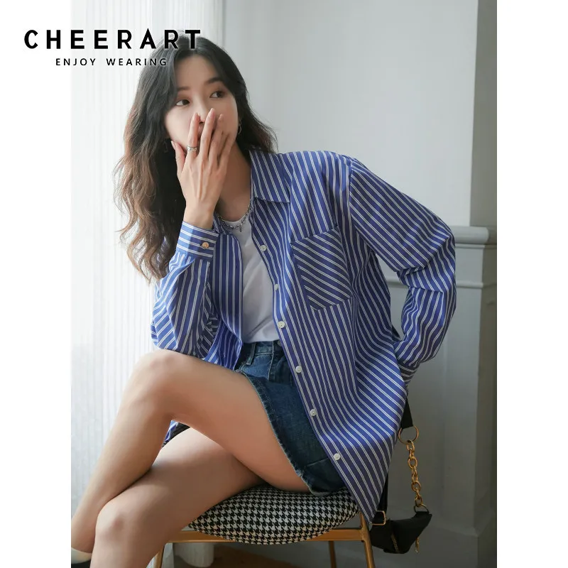 Azul listrado outono mulheres manga longa blusa botão para cima camisa de colarinho casual solta top e moda 210427