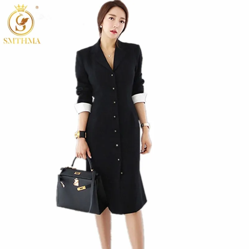 春の女性の気質職場のファッション韓国のドレス女性シングルブレストロングドレスvestidos 210520