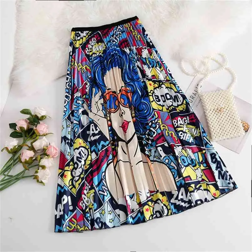 Summer Women Vintage Stripe Print High Waist Mid-calf Length Cartoon Pleated Skirts Active Wear Fashion Party 210708