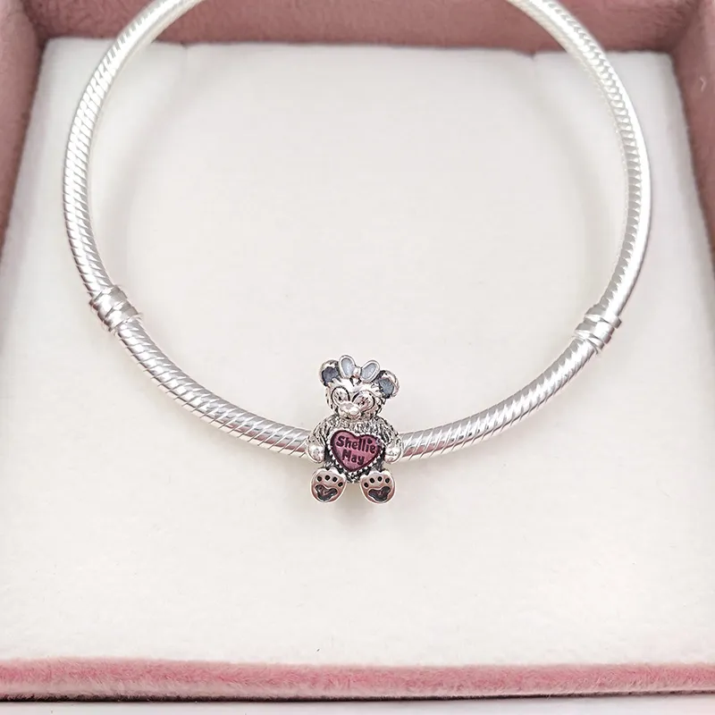 925 Silver valentine jewelry making  pandora Disny ShellieMay with pink enamel charms  chain bead love bracelets for women heart necklace for girlfriend 792130ENMX