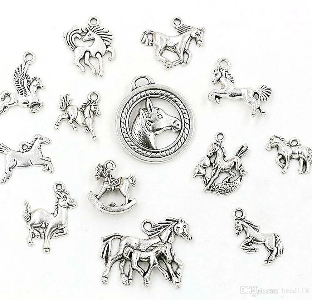 65Pcs Antique silver Alloy Mixed Horse Charms Pendants For Jewelry Making Necklace DIY Accessories