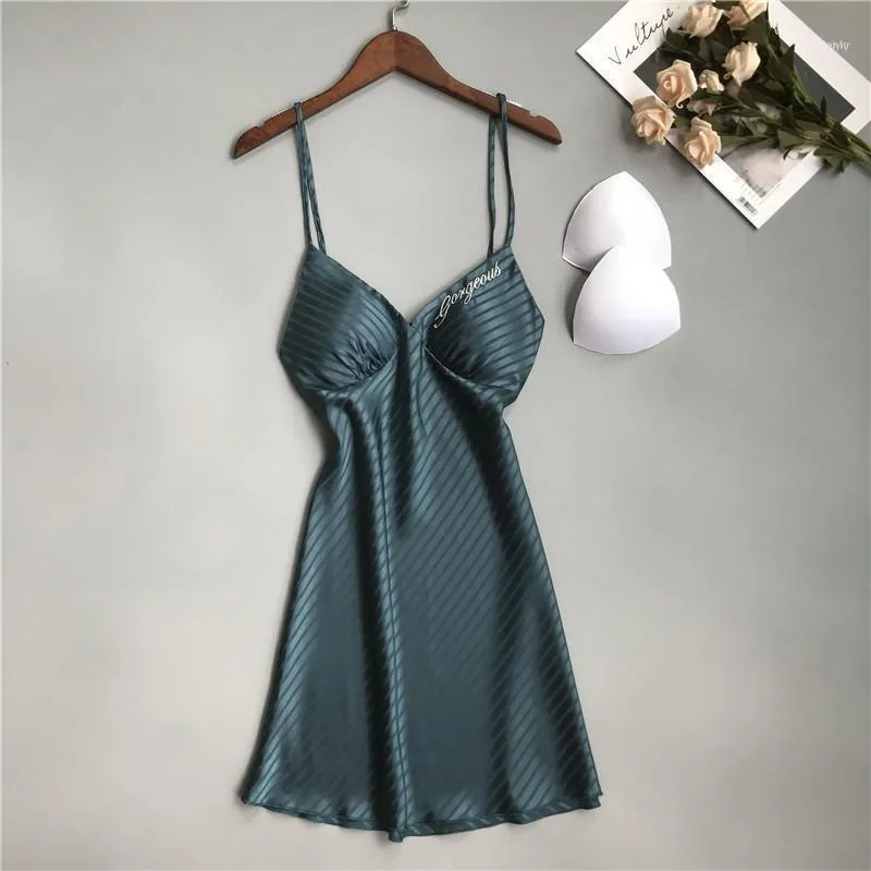 Summer Women Nightgowns Sleepshirts Silk Sleepwear Satin Sexy Spaghetti Strap Haft Nightdress Nightwear1