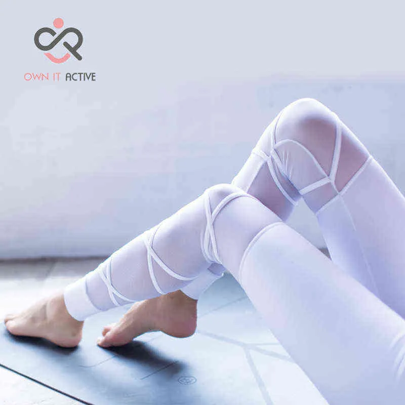 Kvinnor svart elastisk midjebandyogbyxor med nätpaneler höga midja leggings i vit sport yogaleggings p173 H1221