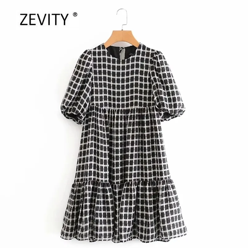 femmes vintage O Cou plaid imprimé robe manches bouffantes plissée volants mini robe femme chic rétro casual robes en mousseline de soie DS4019 210420