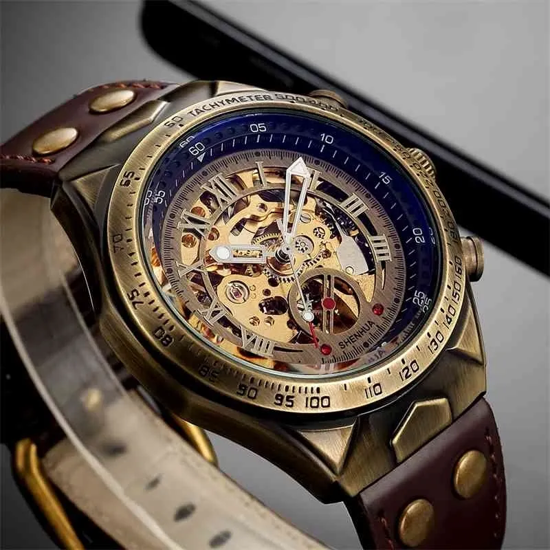 Skórzany Zegarek Mechaniczny Mężczyźni Automatyczny Zegarek Steampunk Męskie Zegarek Szkielet Brąz Przezroczysty Vintage Sport Wristwatch Male 210407