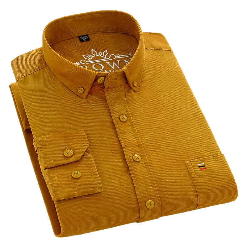 Aoliwen Brand Casual Men Corduroy Shirt Pure Cotton Long Sleeve yellow Thick Winter Regular Fit Model Male Button Down Shirt 210628