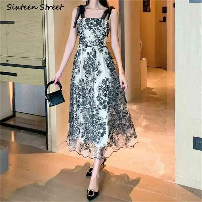 Sequined broderad klänning kvinna sommar ärmlös spaghetti strap mesh vestido kläder mjuka söta klänningar kvinnlig svart 210603