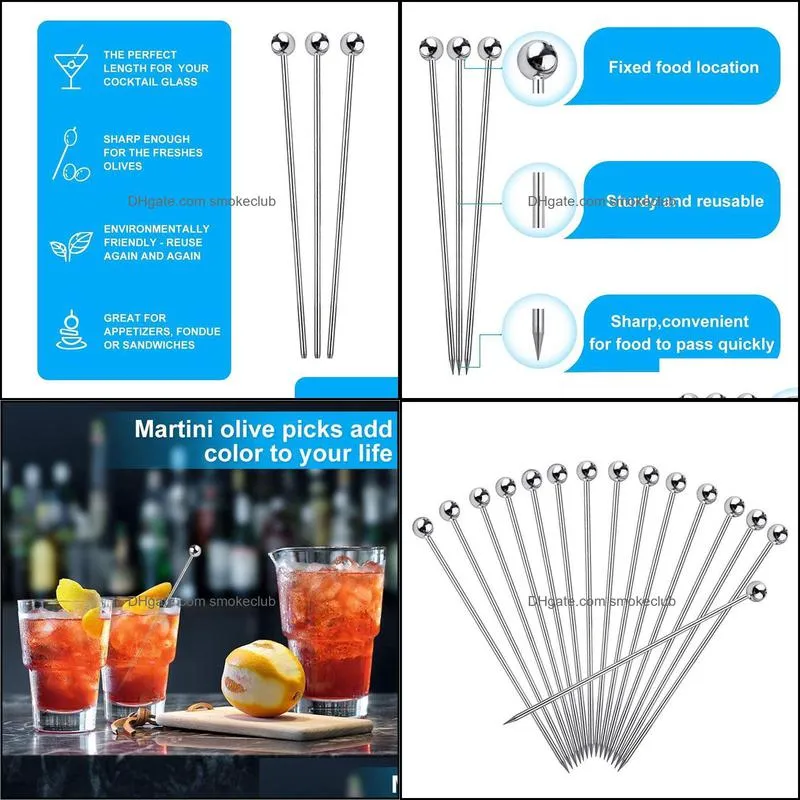 15Pcs Cocktail Picks, 4 Inch Reusable Stainless Steel Martini Picks Cocktail Toothpicks for Olives Appetizers Sandwich