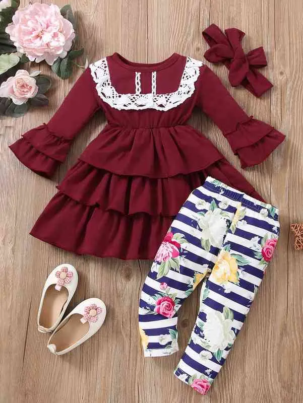 Robe à ourlet superposé en dentelle guipure pour bébé, pantalon à imprimé floral avec bandeau, SHE